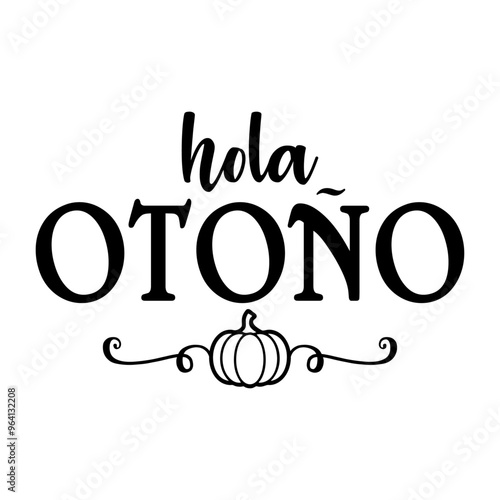 Logo con texto manuscrito hola otoño en español con silueta de calabaza con florituras para su uso en felicitaciones y tarjetas