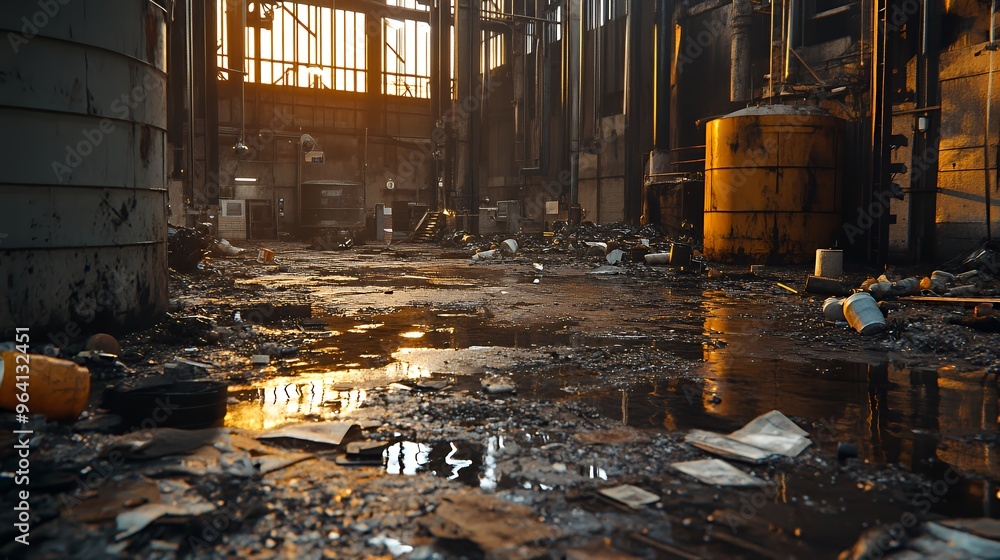 Abandoned Factory Interior with Sunbeams and Puddles Abandoned Factory Interior with Sunbeams and Puddles