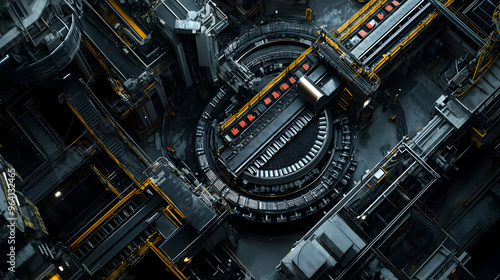 Overhead shot of a large, industrial machine operating in a factory, with conveyor belts transporting materials beneath it