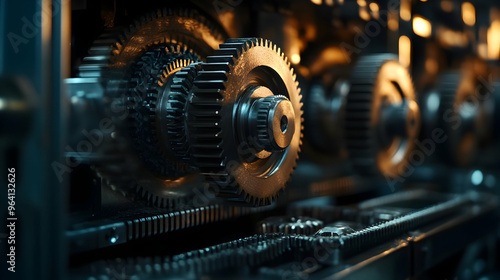 Close-up of precision gears and cogs in motion within a complex piece of machinery, illuminated by focused industrial lighting