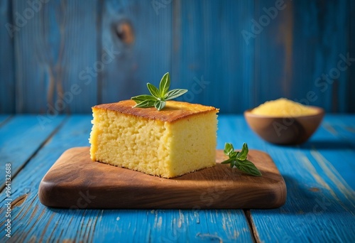 Fluffy Yellow Cake Square with Coarse Salt on Rustic Blue Background photo