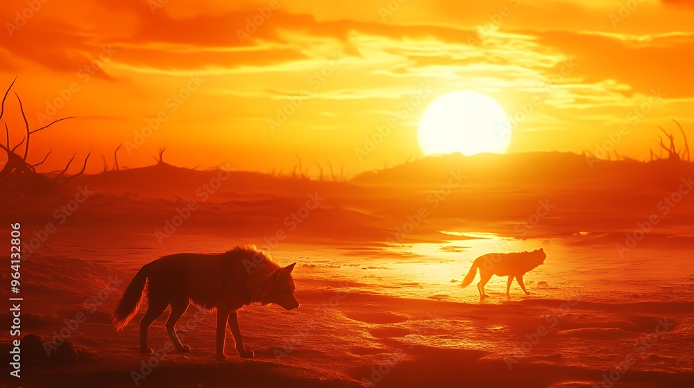 View Wolves Silhouettes at Sunset