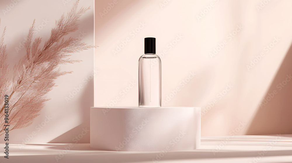 mockup featuring a transparent bottle with a black cap, placed on a minimalist podium with sharp edges and a soft gradient background, capturing a modern aesthetic mockup featuring a transparent bottle with a black cap, placed on a minimalist podium with sharp edges and a soft gradient background, capturing a modern aesthetic
