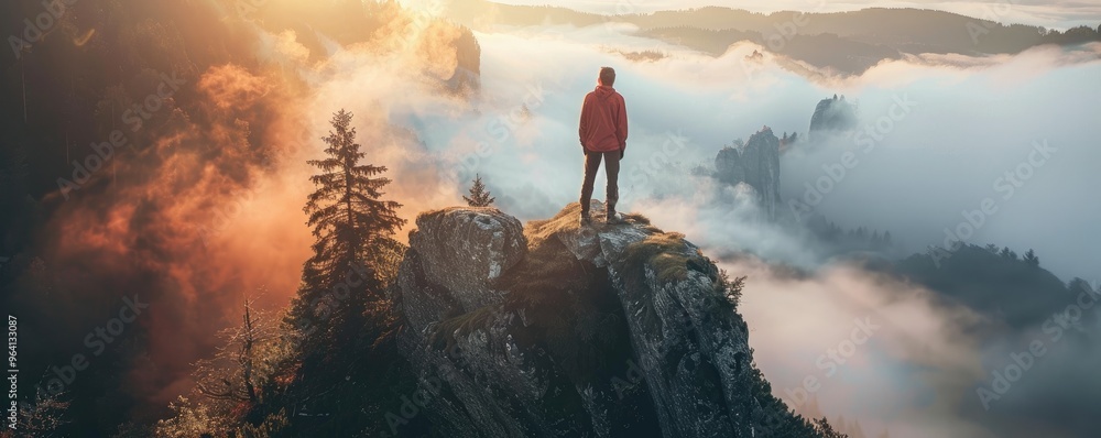 An individual stands on a rock in a serene misty lake surrounded by a dense forest and towering mountains in the background, bathed in soft light