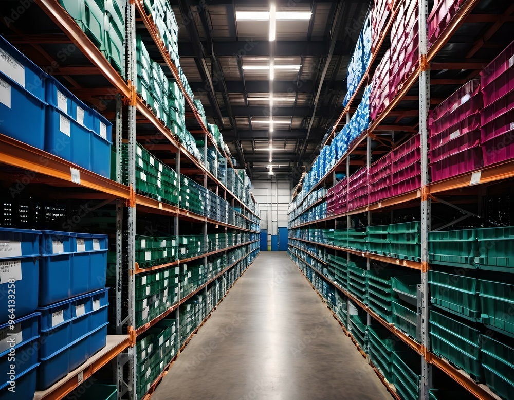 A warehouse filled with rows of metal shelving, each stacked with colorful boxes A warehouse filled with rows of metal shelving, each stacked with colorful boxes