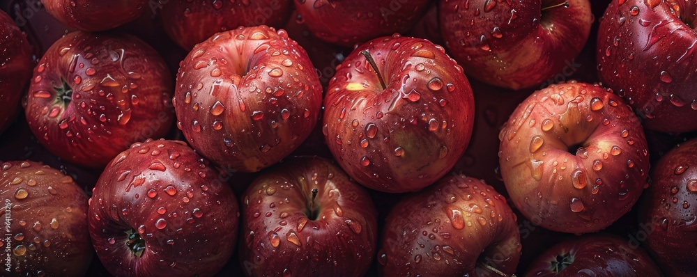 A vibrant display of ripe, red apples with water droplets, showcasing their freshness and appealing texture, perfect for healthy eating and natural food concepts A vibrant display of ripe, red apples with water droplets, showcasing their freshness and appealing texture, perfect for healthy eating and natural food concepts