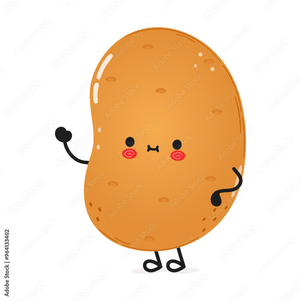 Potato waving hand character. Vector hand drawn cartoon kawaii character illustration icon. Isolated on white background. Potato character concept Potato waving hand character. Vector hand drawn cartoon kawaii character illustration icon. Isolated on white background. Potato character concept