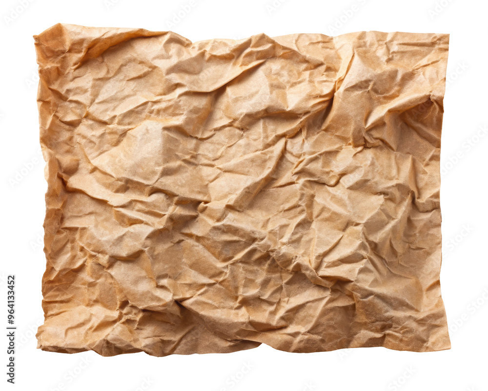 Crumpled brown paper sheet with worn edges and a weathered look, perfect for vintage or craft projects that require a rugged, rustic texture. Isolated on transparent background, png. Crumpled brown paper sheet with worn edges and a weathered look, perfect for vintage or craft projects that require a rugged, rustic texture. Isolated on transparent background, png.
