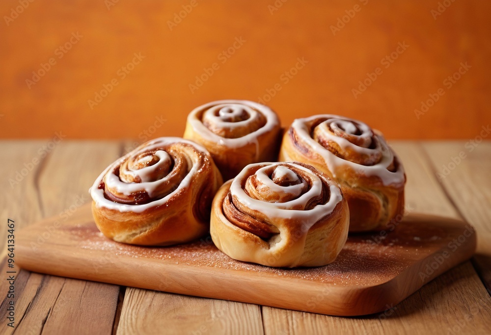 Four Cinnamon Rolls with Creamy Icing on Wooden Board with Warm Orange Background Four Cinnamon Rolls with Creamy Icing on Wooden Board with Warm Orange Background