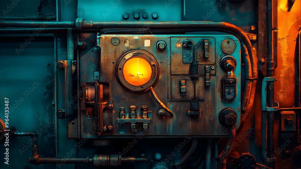 Detailed shot of an intricate, high-tech sensor embedded within a piece of heavy machinery, glowing softly under inspection lights Detailed shot of an intricate, high-tech sensor embedded within a piece of heavy machinery, glowing softly under inspection lights