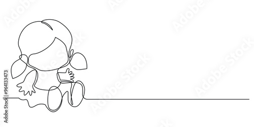continuous line of girl doll.one line drawing of little girl doll.girl's childhood toy.single line illustration.isolated white background