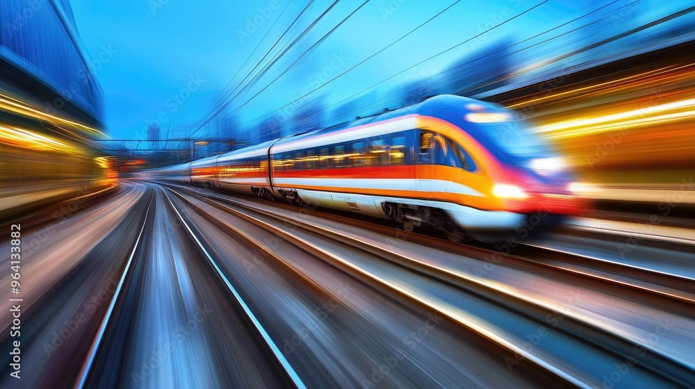 Speeding train passing through urban landscape Speeding train passing through urban landscape