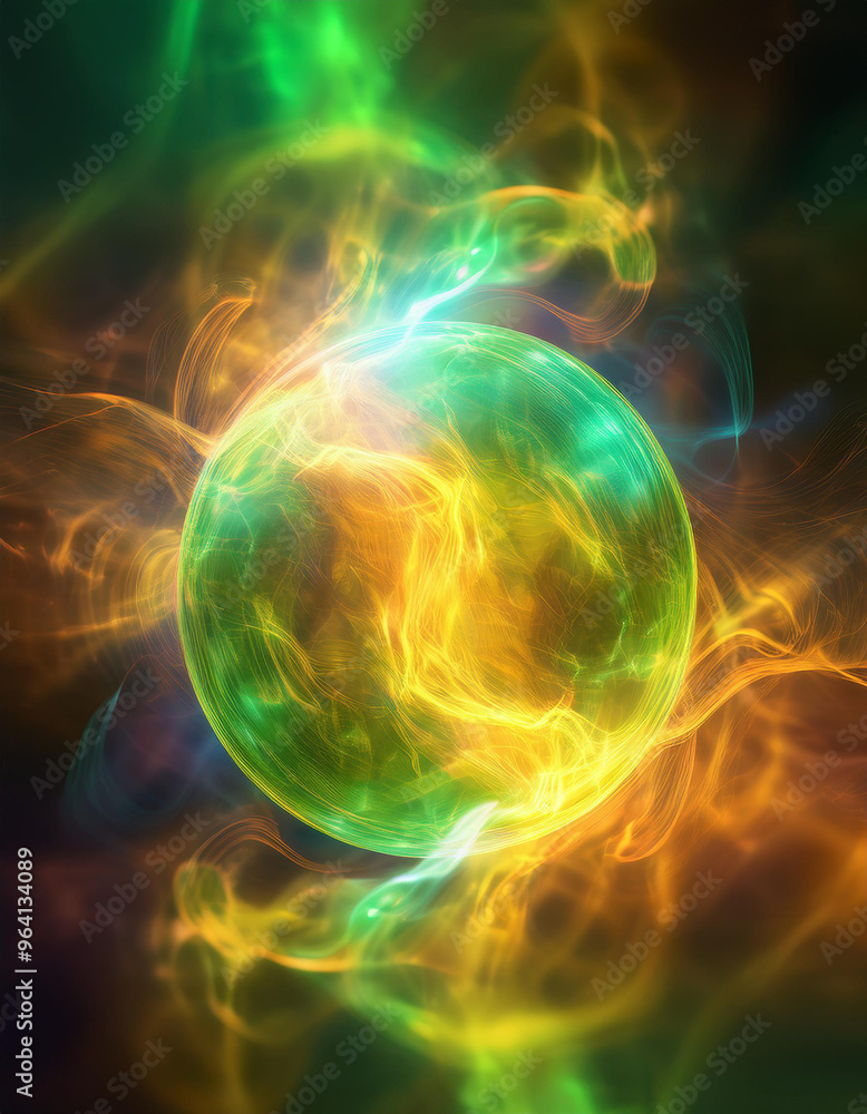 Abstract round magical energy sphere. Glowing electric ball in neon green yellow clouds of smoke. Abstract round magical energy sphere. Glowing electric ball in neon green yellow clouds of smoke.