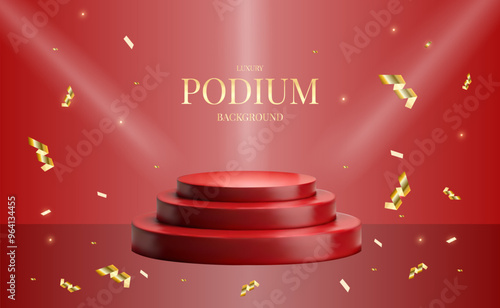 Vector 3d realistic red golden podium sale stand cylinder pedestal in the red room with gold confetti and lights. Luxury award ceremony. Black friday sale, cyber monday