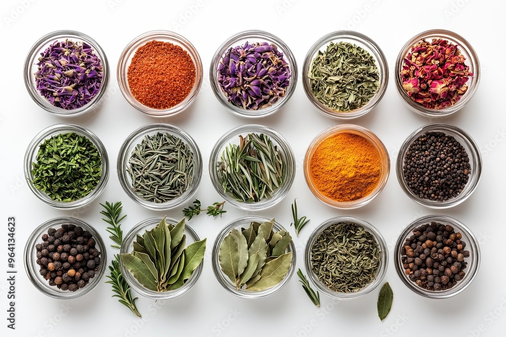 Assorted dried herbs and spices in glass bowls Assorted dried herbs and spices in glass bowls