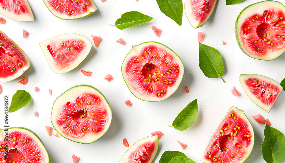 Guava fruit slices isolated on white background with clipping path and full depth of field. Top view. Flat lay Guava fruit slices isolated on white background with clipping path and full depth of field. Top view. Flat lay
