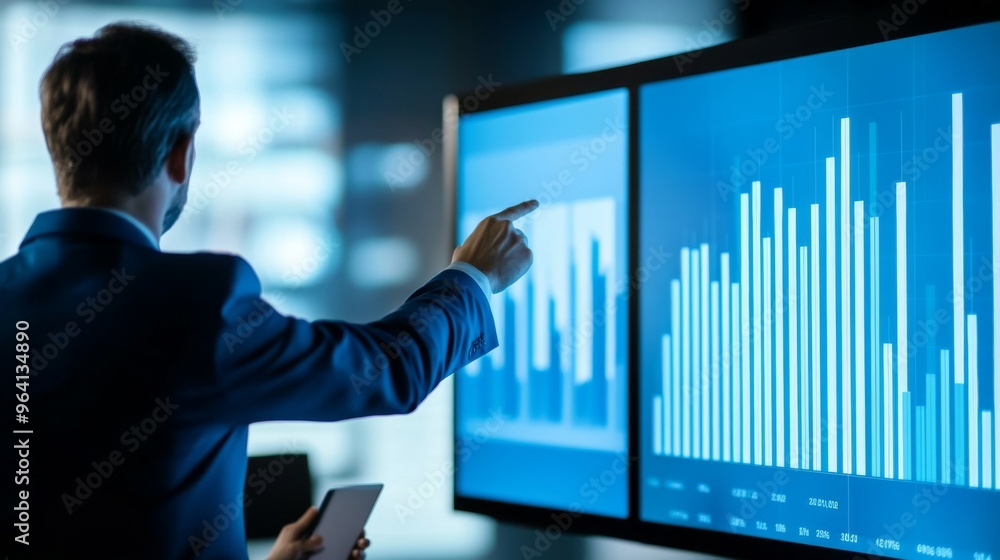 A businessman pointing at a large bar graph displayed on a screen during a meeting, explaining market trends to colleagues, symbolizing teamwork and analysis. A businessman pointing at a large bar graph displayed on a screen during a meeting, explaining market trends to colleagues, symbolizing teamwork and analysis.