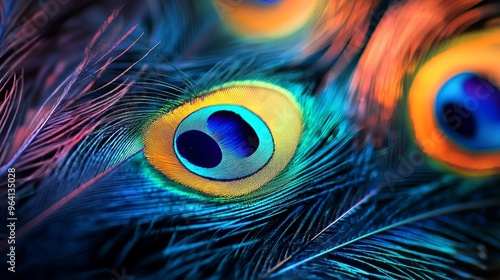 Close-up of a vibrant peacock feather with a blue and yellow eye pattern.