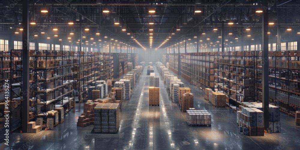 Expansive warehouse interior filled with neatly stacked boxes, showcasing industrial lighting and a clean, organized environment. Expansive warehouse interior filled with neatly stacked boxes, showcasing industrial lighting and a clean, organized environment.