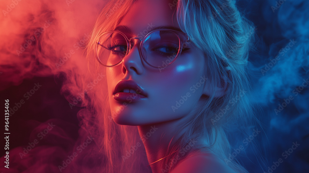 Portret młodej dziewczyny z blond włosami, noszącej okulary, otoczonej delikatnym dymem i neonowym oświetleniem. Portret młodej dziewczyny z blond włosami, noszącej okulary, otoczonej delikatnym dymem i neonowym oświetleniem.