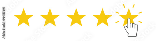 five stars customer product review icon. yellow 5 star rating feedback symbol with hand cursor for website, app, ui design. transparent png and vector illustration.