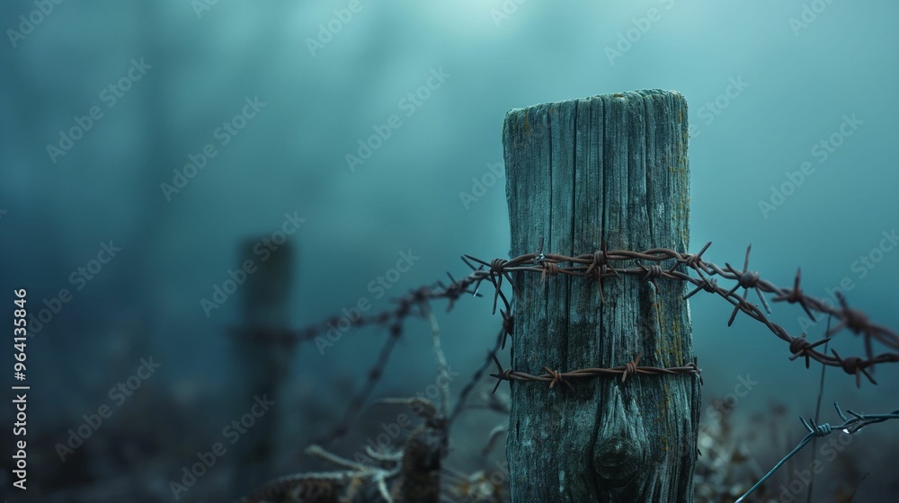 Close-up of a weathered wooden fence post wrapped with barbed wire in a foggy setting. Close-up of a weathered wooden fence post wrapped with barbed wire in a foggy setting.