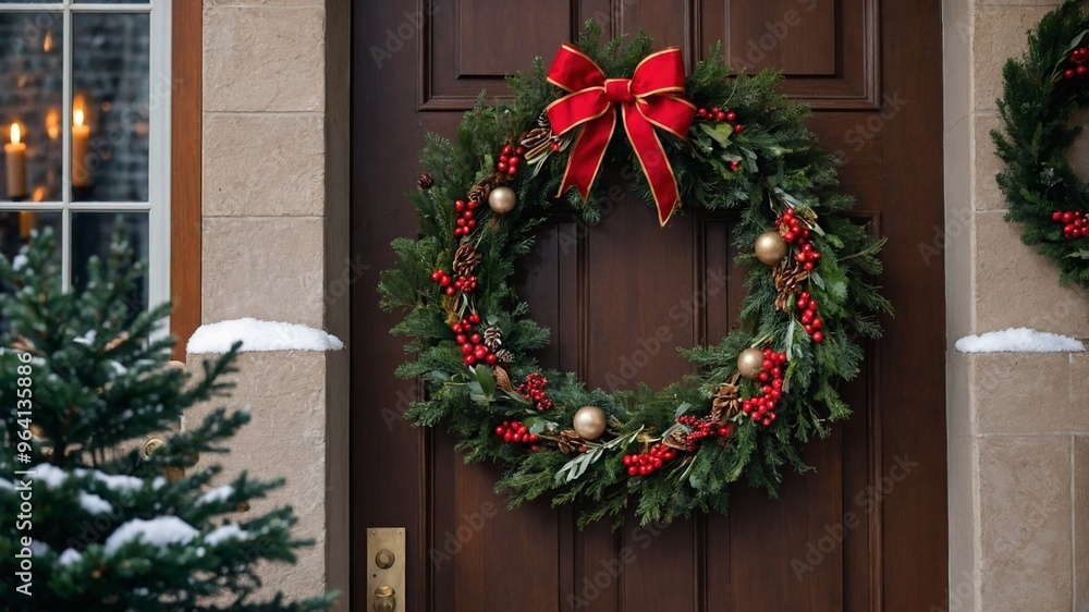 Elegant Christmas Wreath with Red Berries and Pinecones on a Front Door Elegant Christmas Wreath with Red Berries and Pinecones on a Front Door