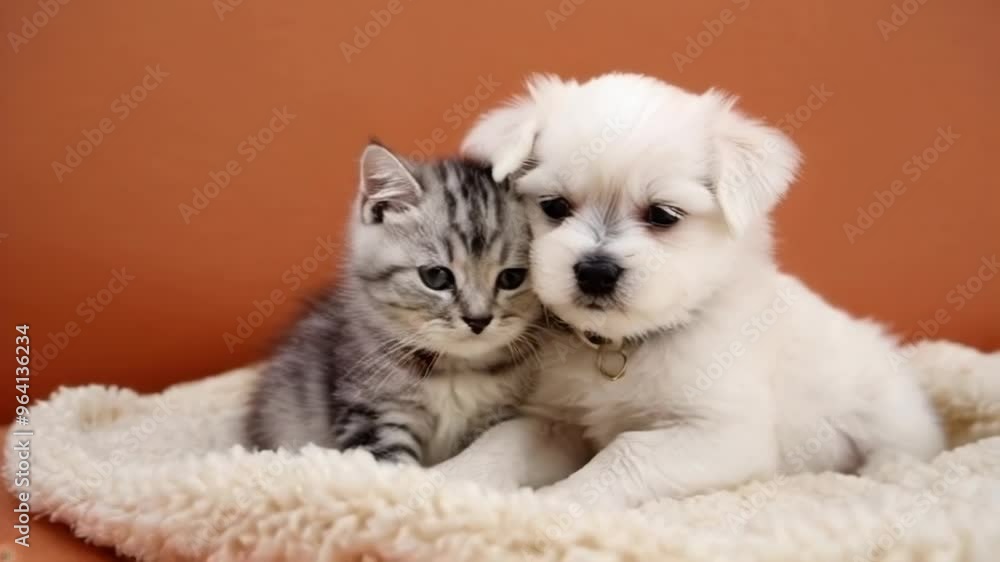A cute puppy and kitten cuddling together, showcasing their bond and warmth in a cozy indoor setting. A cute puppy and kitten cuddling together, showcasing their bond and warmth in a cozy indoor setting.