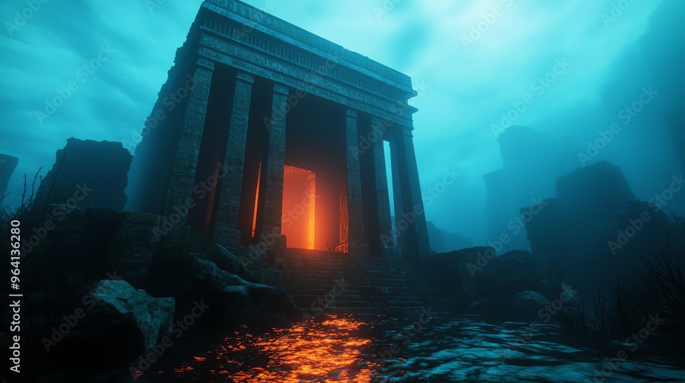 Beneath the waves, an ancient pyramid rises from the depths, surrounded by mysterious stone pillars and vibrant marine life. Beneath the waves, an ancient pyramid rises from the depths, surrounded by mysterious stone pillars and vibrant marine life.
