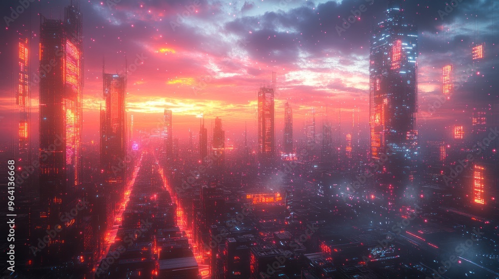 Futuristic cityscape at sunset with vibrant neon lights. Futuristic cityscape at sunset with vibrant neon lights.