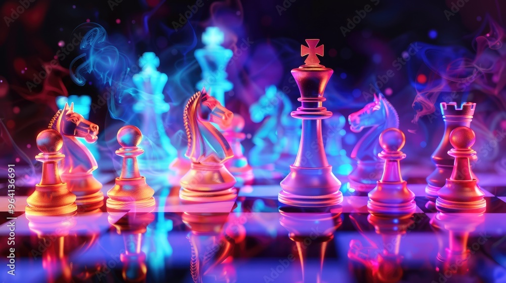 A futuristic chess board with colorful neon light chess pieces A futuristic chess board with colorful neon light chess pieces