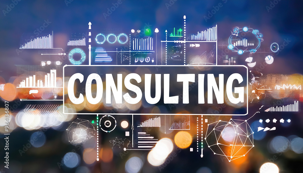 © vitanovski - Consulting concept with abstract city lights and data graphics