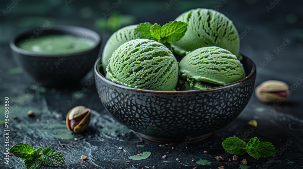 Fototapeta premium Gourmet Pistachio Ice Cream with Fresh Mint Garnish