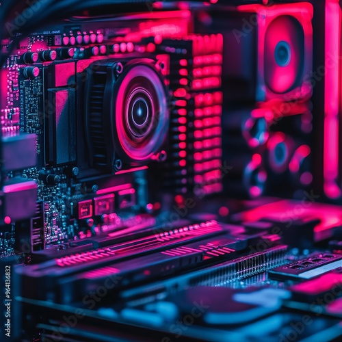 Closeup of computer motherboard with glowing red and blue lights. photo