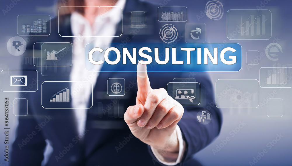 Business professional interacting with digital consulting interface Business professional interacting with digital consulting interface