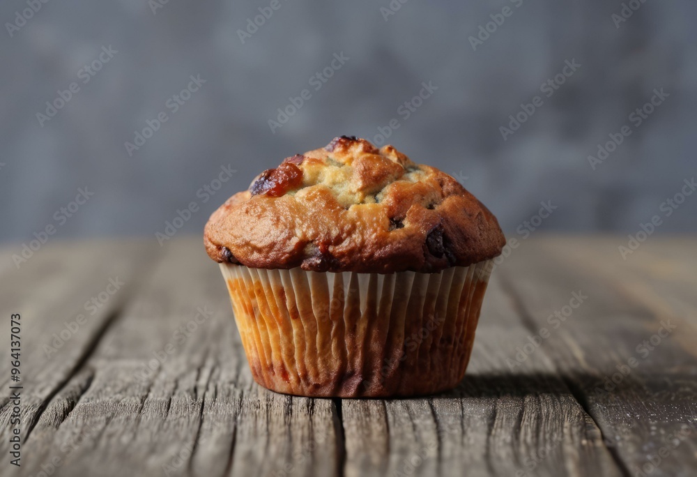 Golden-Brown Muffin with Chocolate Chunks on Rustic Wooden Surface, Muted Blue-Gray Background Golden-Brown Muffin with Chocolate Chunks on Rustic Wooden Surface, Muted Blue-Gray Background