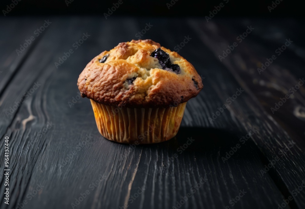 Freshly Baked Blueberry Muffin on Rustic Wooden Surface, Low-Key Setting Freshly Baked Blueberry Muffin on Rustic Wooden Surface, Low-Key Setting