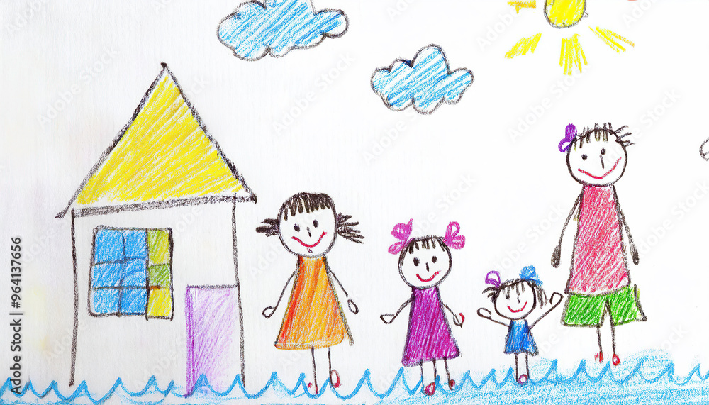 Child's drawing of a happy family with house and sunshine Child's drawing of a happy family with house and sunshine