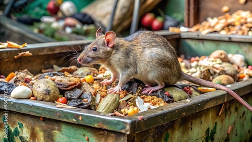 A dumpster overflowing with rotting trash, fetid maggots crawling on top, and a stray rat rummaging through the putrid heap