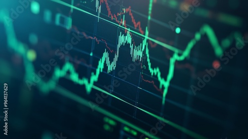 A close-up of a digital financial chart on a computer screen showing a bullish trend, with rising green lines and data points, symbolizing market growth.