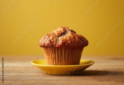 Golden-Brown Muffin with Raisins on Yellow Saucer, Vibrant Yellow Background