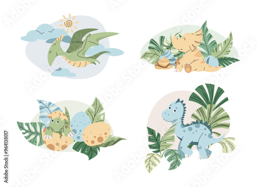 Set of Cute cartoon dinosaurs among tropical plants. Ancient lizard in flat style. Children s illustration of baby dino for design of clothes, wallpaper, greeting cards, etc.