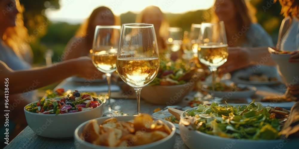 Group of friends drinking white wine at the table at a dinner party. There are also bowls of other food and salad on the table. Time is sunset. Everyone is smiling and happy Group of friends drinking white wine at the table at a dinner party. There are also bowls of other food and salad on the table. Time is sunset. Everyone is smiling and happy