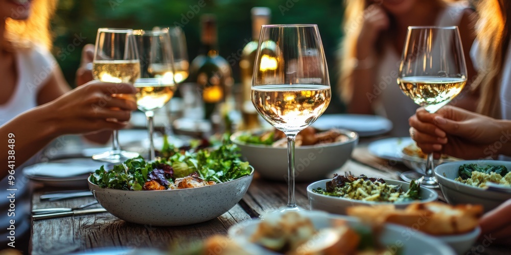 Group of friends drinking white wine at the table at a dinner party. There are also bowls of other food and salad on the table. Time is sunset. Everyone is smiling and happy Group of friends drinking white wine at the table at a dinner party. There are also bowls of other food and salad on the table. Time is sunset. Everyone is smiling and happy