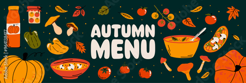 Pumpkin spice flavored food and drinks vector horizontal banner design. Autumn seasonal cartoon illustration cafe, restaurant menu elements: pumpkin soup, mushrooms, tomatoes