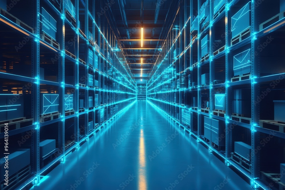 A digital blue automated storage system with glowing data streams, symbolizing the optimization of artificial intelligence in warehouse management and inventory control A digital blue automated storage system with glowing data streams, symbolizing the optimization of artificial intelligence in warehouse management and inventory control