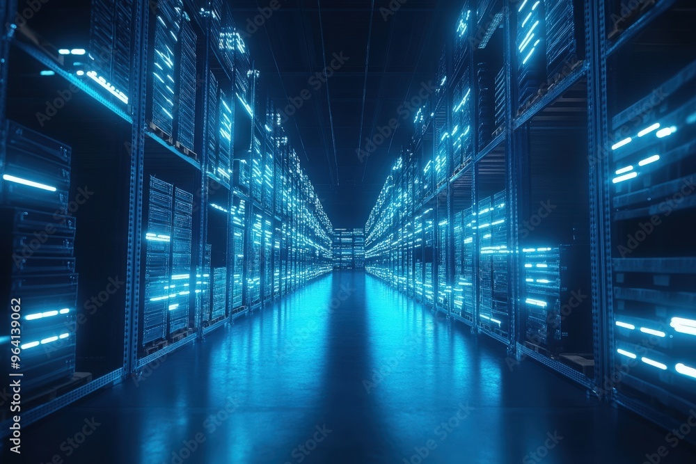 Fototapeta premium A digital blue automated storage system with glowing data streams, symbolizing the optimization of artificial intelligence in warehouse management and inventory control