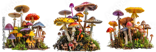 Set of a variety of colorful mushrooms growing on a forest floor isolated on a transparent background photo