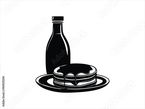 Silhouette Pancake Stack with Maple Syrup Bottle - Perfect Breakfast Illustration for National Pancake Day.