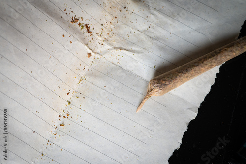 Legalization cannabis reform 420. Joint with dried cannabis leaves paper and metal marijuana grinder on wooden black table photo